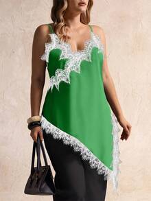 Elegantrix Plus Size Women Urban Casual Lace Asymmetric Hem V-Neck Patchwork Solid Color Camisole - Green - View 2