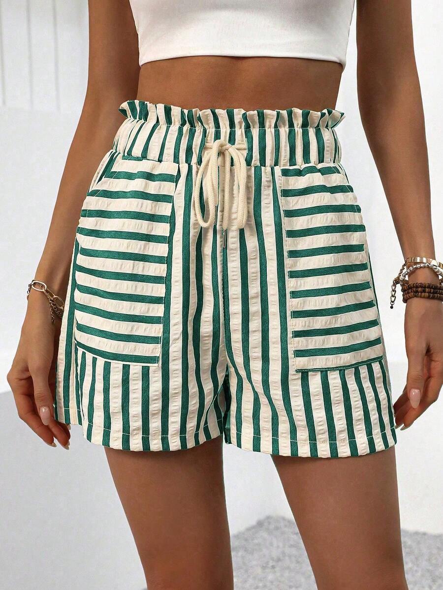 SHEIN LUNE 女士条纹休闲短裤，夏季时尚 - 綠色 - 查看 1