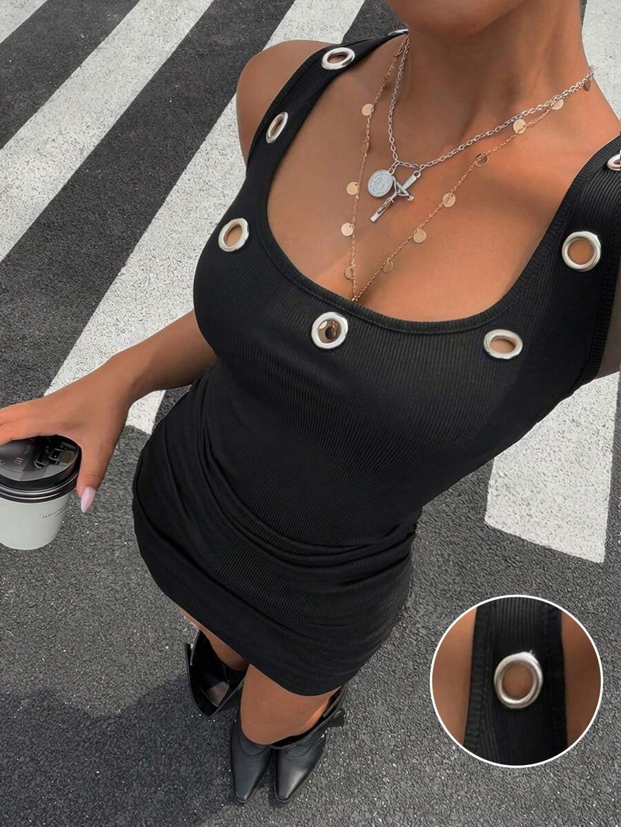 Muchica 女士复古黑色方领褶皱修身迷你连衣裙,金属铆钉夏季少女风俱乐部海滩装扮,乡村波西米亚风度假休闲夏季连衣裙 - 黑色 - 查看 1