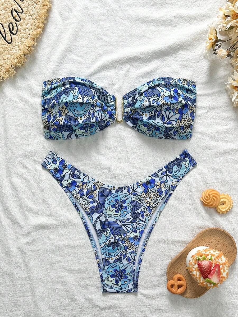 Swim Vcay Women's Tropical Print Halter Bikini Set With Metal Decor, Casual Vacation Bikini Set - Multicolor - View 1