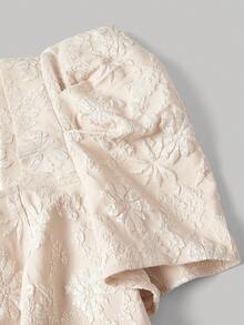 SHEIN MOD 大码女式优雅方领花卉刺绣中长款派对连衣裙，带泡泡袖 - 杏色 - 查看 4