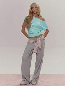 MUSERA Asymmetric Off The Shoulder Batwing Sleeve Ribbed Cinched Waist Knit Cute Girly Sexy Spring Winter Going Out Daily Easter Sugar Swizzle - Mint Green - View 5
