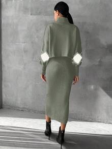 SHEIN 女士几何图案高领长袖毛衣和无袖针织连衣裙优雅两件套 - 彩色 - 查看 2