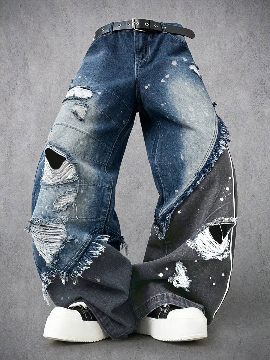 Manfinity Denimwave Unisex American Style Distressed Frayed Edge Tape Decor Wide Leg Jeans - Blue - View 1