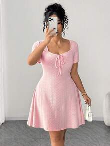 Elenzga Plus Size Fitted Stylish Yellow Jacquard Dress - Pink - View 3