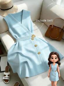SHEIN Franclia 女士休闲优雅日常百搭纯色V领无袖修身金属纽扣腰带交叉蓝色中长针织连衣裙，春夏款 - 藍色 - 查看 1