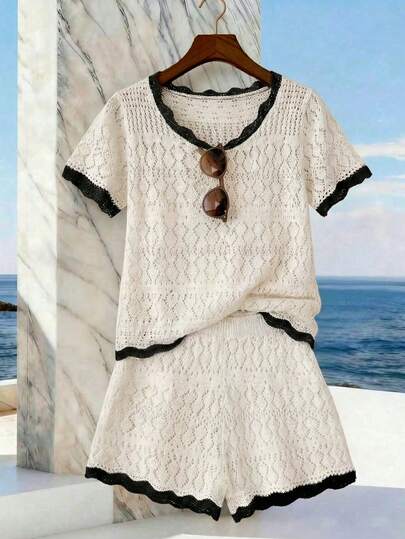 SHEIN Franclia New Vacation Outfits Women Summer Outfits, Women's White Openwork Knit Two Pieces Set - Short Sleeve Crop Top With Contrast Black Scalloped Trim, Matching Shorts, Retro Feminine Charm & Playful Casual Style Summer Outfit For Women Boho Style Clothes Boho Outfit For Women Women's Summer Outfits