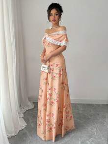 Rafferiza Petite 女款復古花卉印花蕾絲拼接露肩修身洋裝，適合嬌小女性 - 杏色 - 查看 5