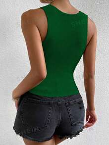 SHEIN Unity Women's Simple Solid Color Notched Neck Fitted Ribbed Knit Top, Summer Golf Pastal Sexy - Army Green - View 2