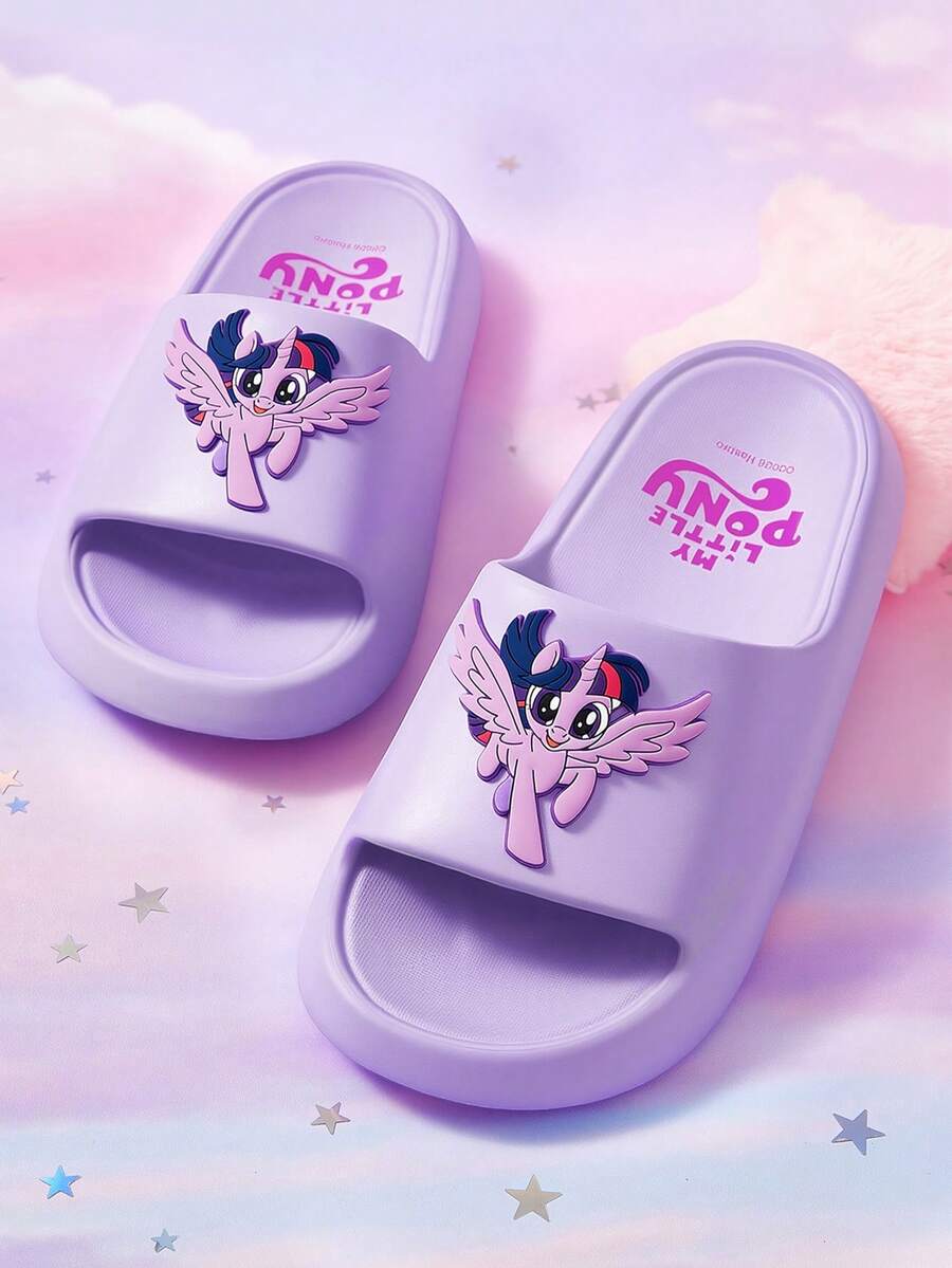 My Little Pony X SHEIN 可爱卡通暮光闪闪女孩/女士粉色套脚拖鞋，防滑速干，轻便耐用EVA材质，适合居家、浴室、游乐场、游泳池、海滩等室内外场所，独角兽图案 - 紫色1 - 查看 1