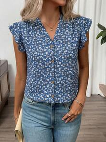 SHEIN Clasi Women's Single-Breasted Floral Ruffle Hem Short Sleeve Blouse,Summer Top - Blue - View 7