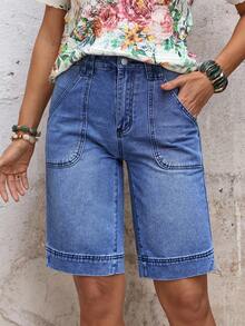 EMERY ROSE Plus Size Women Casual Versatile Denim Shorts With Pockets - Blue - View 3