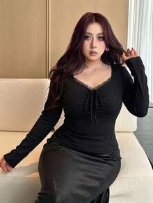 Dazy Plus 时尚弹力修身蕾丝波点拼接优雅长袖加大码女式T恤，春秋季 - 黑色 - 查看 5