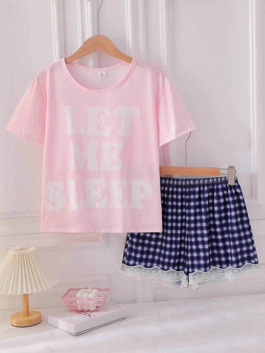 Bộ đồ ngủ 2 món dành cho bé gái tuổi teen, họa tiết mèo đen tối giản, gồm áo tay ngắn cổ tròn và quần short. - Hồng - Xem 1