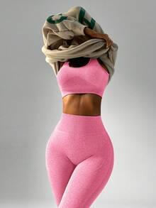 SHEIN Sports Women's Solid Color Cropped Tank Top And Leggings Sports Set - Pink - View 7