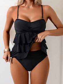 Swim Basics 新款性感优雅女士吊带泳衣套装，多层荷叶边黑色纯色面料，可拆卸肩带，挂脖分叉吊带泳衣套装，适合海滩、度假、游泳 - 黑色 - 查看 3