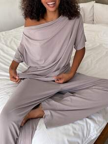 Livesso 女士舒适针织褶皱宽松家居服套装，夏季 - 灰色 - 查看 9