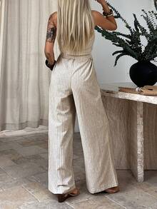 DAZY 女士休闲度假风露肩条纹连体裤，春夏款 - 卡其色 - 查看 2