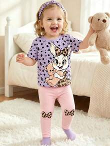 2pcs/Set Baby Girls Cute Rabbit & Leopard Print Top And Leggings Set,Summer Casual Purple Family Matching Round Neck T-Shirt And Skinny Pants Outfit - White - View 8