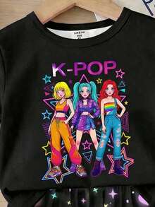 2件套女童时尚韩流女团图案印花黑色圆领短袖上衣和星星爱心图案印花短裤针织弹力休闲睡衣套装（在紫外线下发光，关闭后立即消失） - 黑色 - 查看 3