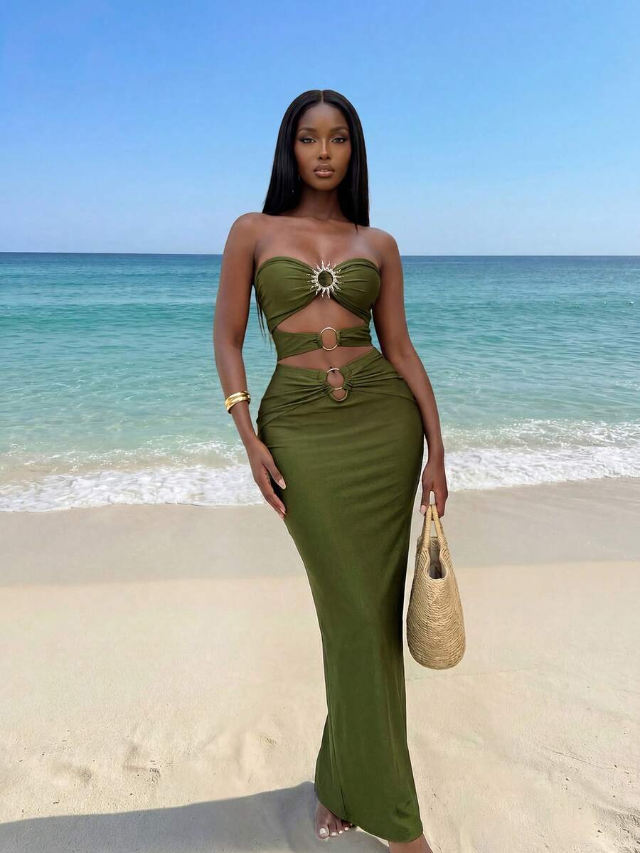 Lureya Bộ đồ mùa hè dành cho nữ, áo crop top khoét eo gợi cảm và chân váy mini ôm sát, trang phục sành điệu cho tiệc tùng, kỳ nghỉ biển. - màu xanh lá - Xem 1