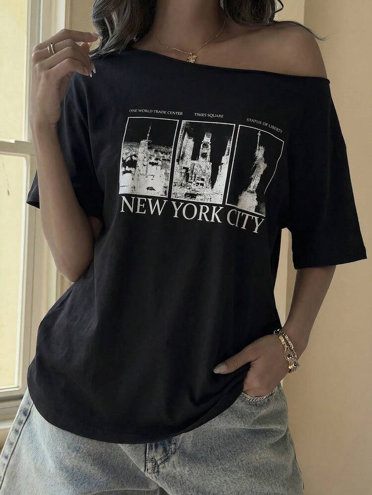 Teen GirlMinimalist Print Asymmetric Shoulder T-Shirt