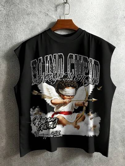 Manfinity EMRG Men's Summer Black Sleeveless Tank Top Vest Angel Cupid Wings Arrow Graphic Print Letter Casual Vacation Holiday Festival Boho Coachella Rave Concert Party Going Out Club Workout Goth Streetwear Vintage Y2K 2000s Style Old Money Modest White Crew Neck Loose Fit Oversized Drop Shoulder Muscle Tee Athletic Gym TopMen's Black Sleeveless Vest, Front Blind Cupid Rhinestone Print + Back S Letter Star Rhinestone, American Street Style Casual Top For Summer, Suitable For Holiday, Party, Performance