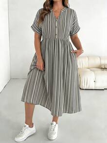 SHEIN Essnce Đầm kẻ sọc cỡ lớn dành cho nữ, đầm dáng rộng, đầm ngắn tay mùa hè, quần áo thoải mái cỡ lớn, đầm in họa tiết, đầm đi nghỉ mát, đầm thường ngày dành cho nữ, đầm đi học, đầm đi nhà thờ dành cho nữ, đầm thường ngày dành cho nữ, đồng phục giáo viên, đầm phồng cỡ lớn, quần áo mùa thu dành cho nữ, đầm công sở, đầm đi chơi, đầm thường ngày - Đen và trắng - Xem 4
