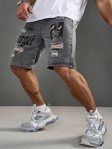 Manfinity Roughcore Plus Size Men's Letter Print Pocket Distressed Denim Shorts - Grey - View 5