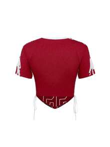 ROMWE Avant Áo thun bó sát thêu họa tiết số phong cách retro thể thao múa ba lê gợi cảm cho nữ - Màu Đỏ Sâu - Xem 2
