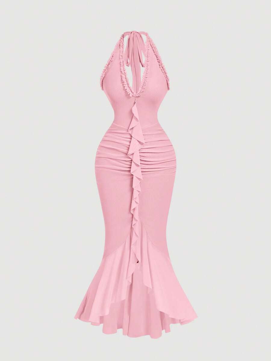 SHEIN MOD Ruffle Trim Cinched Waist Bow Tie Mesh Overlay Dress,Summer Dresses For Women,Dresses For Women Summer - Pink - View 1