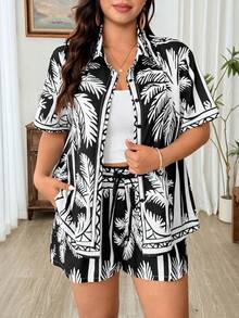 Weeklong Plus Size Women Coconut Tree Print Single-Breasted Short Sleeve Top And Shorts Casual Daily Suit Gym Brown Summer - Black - View 7