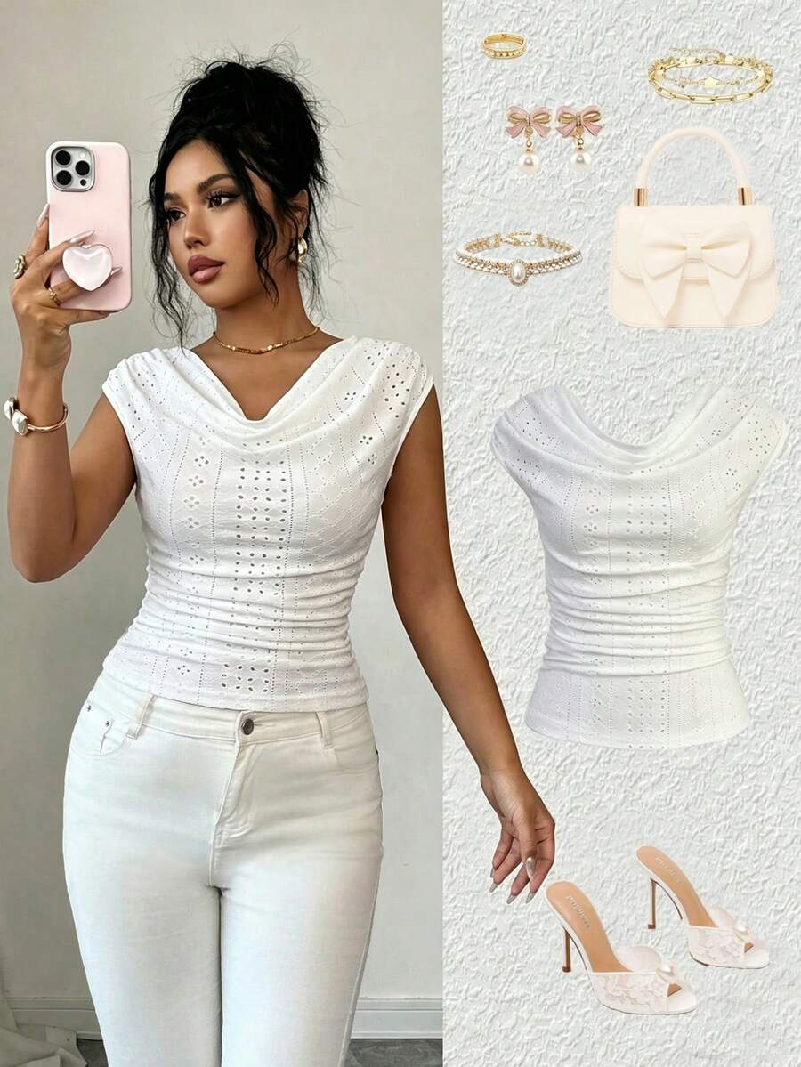 Elenzga Áo thun nữ thanh lịch, kiểu dáng thường ngày, chất liệu vải dệt họa tiết rỗng, cổ áo xếp ly, tay áo nhún, eo thắt, màu trắng thời trang, thích hợp cho mùa xuân/hè. - trắng - Xem 1