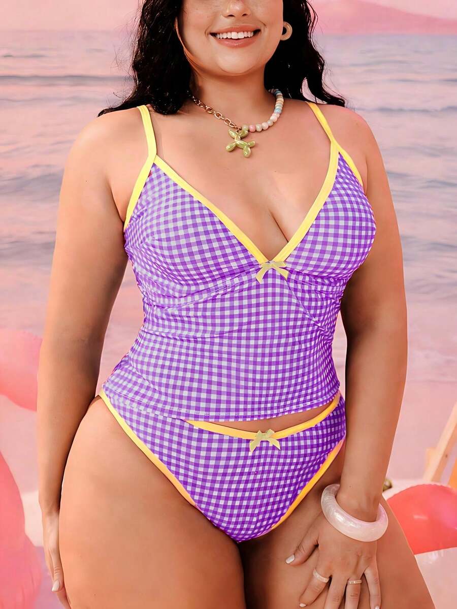 Swim Mod 2026新款加大码女式两件套随机几何印花时尚度假休闲简约显瘦端庄蝴蝶结可调节加粗肩带高腰高开衩三角比基尼泳衣 - 淡紫色 - 查看 1