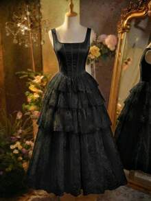 Skyraze Women's Solid Color Lace Multi-Layer Ruffle Romantic Dress - Black - View 5