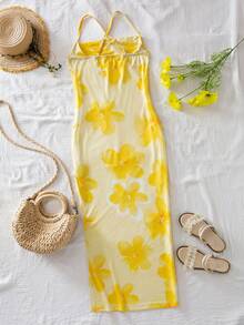 SHEIN Sparklyn Đầm slip kiểu Pháp màu vàng in hoa cho bé gái, đầm mùa hè nhẹ nhàng, ôm sát, thanh lịch. - Màu vàng - Xem 3