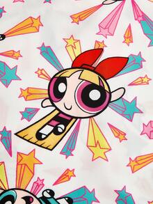PopScrub THE POWERPUFF GIRLS X SHEIN Atasan Seragam Medis Wanita Model Leher V Motif Bintang Warna-warni Musim Panas | Seragam Kolaborasi Cartoon IP - MultiWarna - View 4