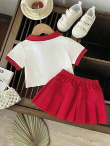 SHEIN 2pcs Baby Girl Toddler/Newborn 0-3Y Spring/Summer Casual Sporty V-Neck Polo Collar Short Sleeve Tee Shirt And Pleated Skirt Set - Red - View 5