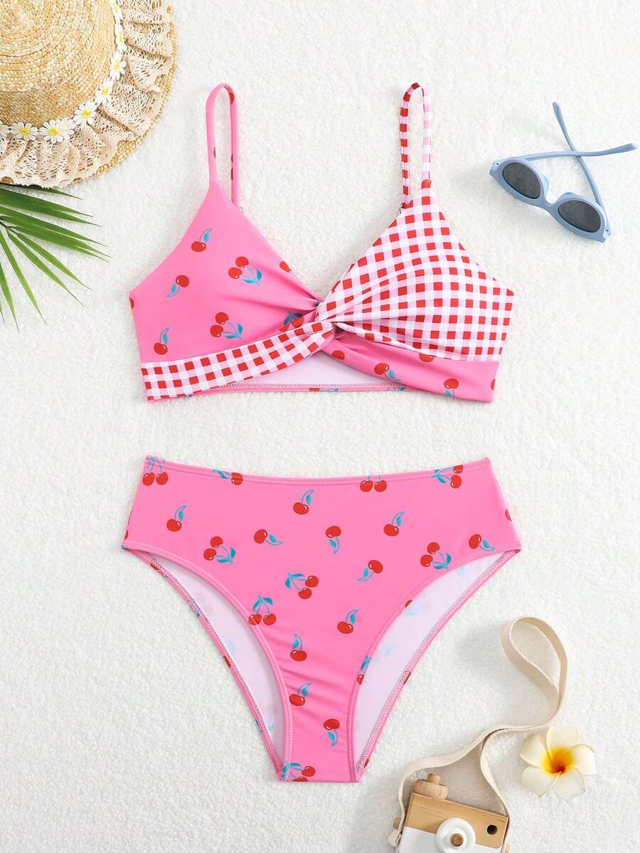 SHEIN Set de 2 piezas Tankini de traje de baño para adolescentes con estampado de cuadros y cerezas, de tela elástica y de secado rápido, cómoda, adecuada para playa, piscina, surf, vacaciones y viajes de verano - Multicolor - Ver 1