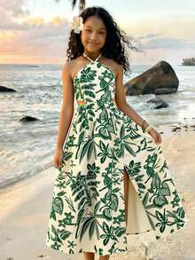 Sparklyn Tween Girl All-Over Print Slit Halter Casual Vacation Sleeveless Dress - Green - View 2