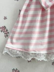 Elamini Camiseta de mujer con cuello en V, parches de encaje y lazo delantero para primavera/verano - Rosa - Ver 3