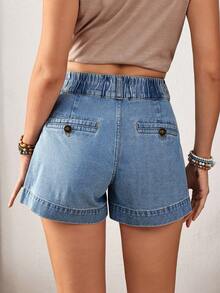 EMERY ROSE Quần short denim dáng rộng, có cúc cài ở eo và túi, dành cho nữ, cỡ lớn. - Màu xanh lam - Xem 2