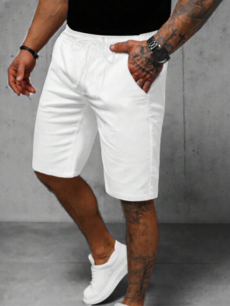 Manfinity Homme Thắt lưng nam dây rút màu trơn Quần short thời trang thông thường Mồ hôi trơn toàn màu trắng thể thao - trắng - Xem 1