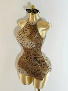 BamGleam Women's Leopard Print Side Slit Hem Sexy Bodycon Halter Dress - Brown - View 4