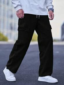 EGENSIO Quần jeans nam cỡ lớn, cạp chun, túi hộp, dáng rộng, thoải mái. - màu đen - Xem 3