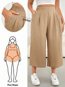 Shapeblank 大码女装春夏时尚休闲宽松舒适清爽日常百搭基础款面料弹力腰粉色阔腿裤七分裤，女式下装，飘逸长裤，简约风格，欧洲夏季，卡普里裤，度假装扮 - 卡其色 - 查看 6