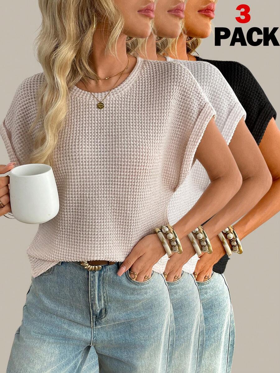 SHEIN LUNE Bộ đồ 3 món nữ phong cách thường ngày, chất liệu vải dệt họa tiết, thích hợp cho kỳ nghỉ hè, đi làm và mặc hàng ngày, áo thun tay ngắn. - Nhiều màu - Xem 1