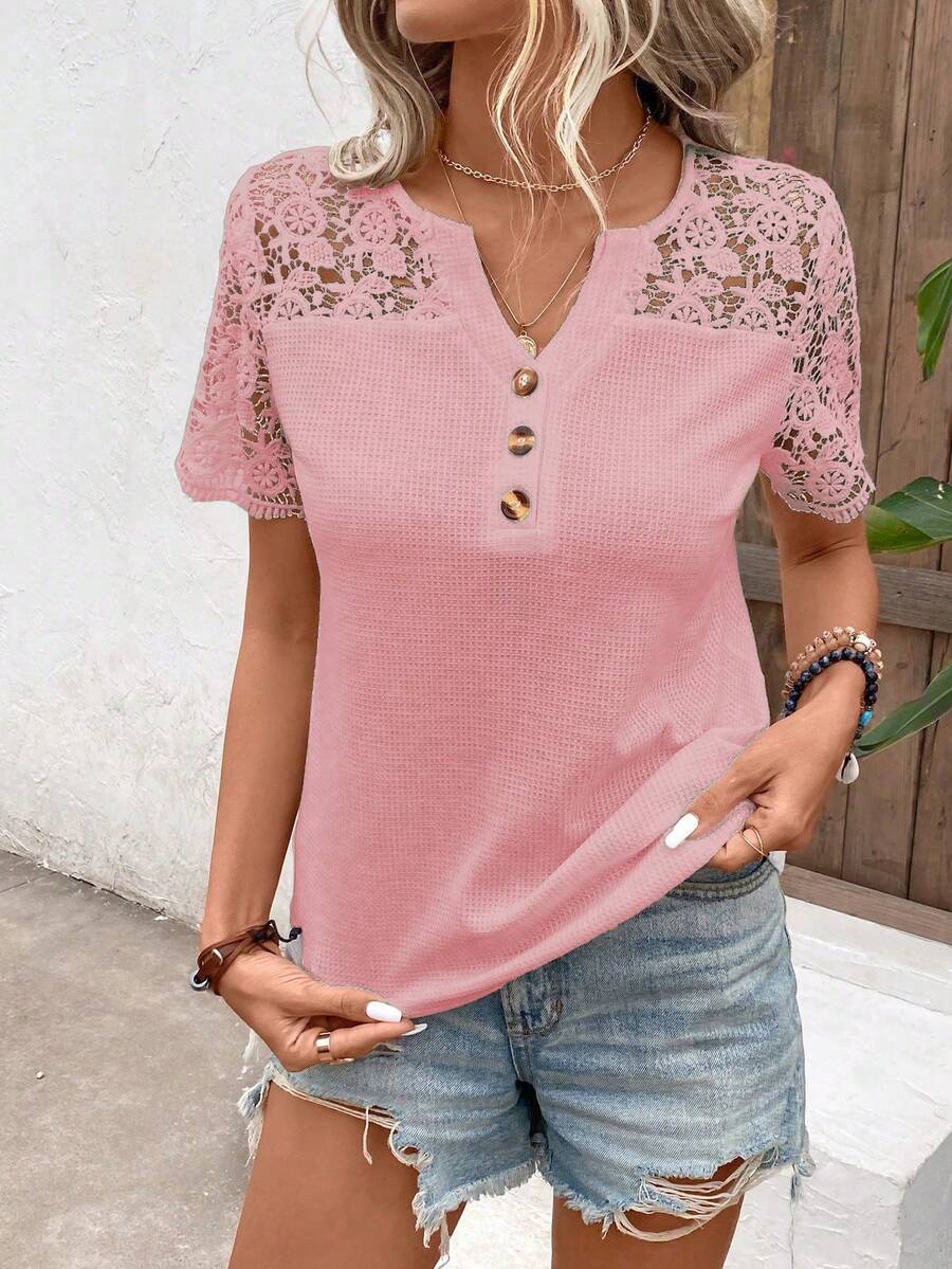 Breezaya Women's Casual Lace Patchwork Notch Neck T-Shirt, Summer - Pink - View 1