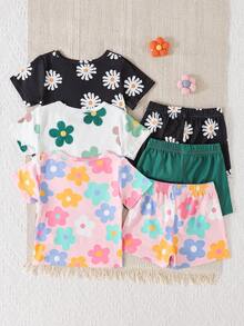 SHEIN Vintaside Kids 6件套女婴幼儿新生儿0-3岁春夏新款可爱雏菊、彩色花朵、纯色T恤和短裤套装 - 彩色 - 查看 2