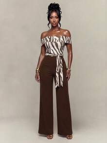 Slaydiva Brown Striped Summer Elegant Night Out Women's Jumpsuit,One-Shoulder Zebra Pattern Patchwork Wide-Leg Pants,Bow Tie Waist Casual Party Office Outfits - Brown - View 11